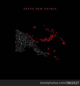 Papua New Guinea flag map, chaotic particles pattern in the colors of the PNG flag. Vector illustration isolated on black background.. Papua New Guinea flag map, chaotic particles pattern in the PNG flag colors. Vector illustration