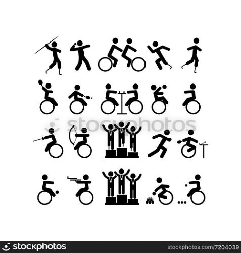 Para-athlete icon set in black or people with disabilities on isolated white background. sport competitions. EPS 10 vector. Para-athlete icon set in black or people with disabilities on isolated white background. sport competitions. EPS 10 vector.