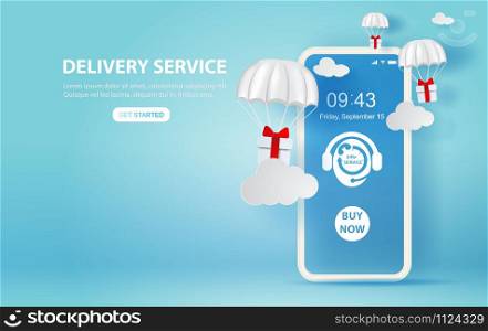 Parachute gift box floating on smartphone.Delivery service app with Gift Box on air.Happy new years and merry Christmas banner. Transportation holiday concept.Creative paper cut and craft style.vector