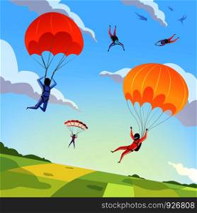 Parachute jumpers sky. Extreme sport hobbies adrenaline character flying action pose skydiving paraplanners vector cartoon background. Skydiving extreme, jumper parachuting illustration. Parachute jumpers sky. Extreme sport hobbies adrenaline character flying action pose skydiving paraplanners vector cartoon background