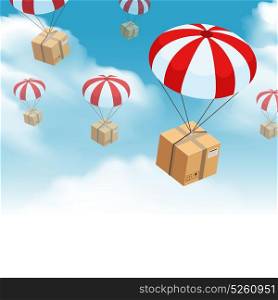 Parachute Parcel Delivery Composition. Parachute box delivery background with sky clouds and skydiving parcel with this side up fragile signs vector illustration