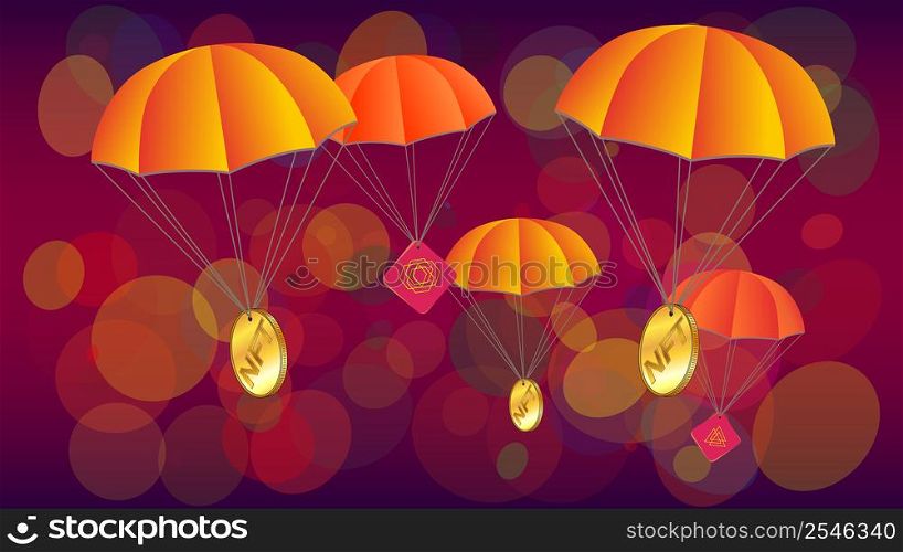 Parachutes with NFT non fungible token gold coins and unique tokens on colorful red background. Free distribution of collectible NFT. Vector illustration.. Parachutes with NFT non fungible token gold coins and unique tokens on colorful red background. Free distribution of collectible NFT.