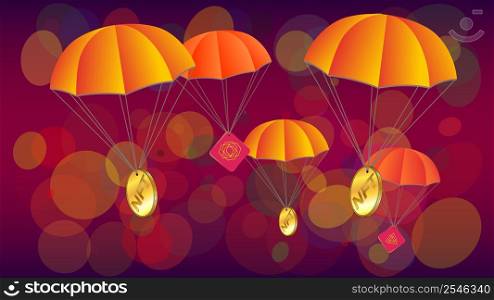 Parachutes with NFT non fungible token gold coins and unique tokens on colorful red background. Free distribution of collectible NFT. Vector illustration.. Parachutes with NFT non fungible token gold coins and unique tokens on colorful red background. Free distribution of collectible NFT.
