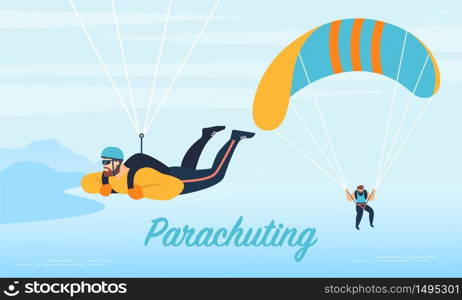 Parachuting Extreme Sport Hobby Activity Advertising Flat Banner. Cartoon Skydivers Characters in Sports Uniform Flying through Clouds, Descending, Jumping with Parachute. Vector Seascape Illustration. Parachuting Extreme Sport Advertising Flat Banner