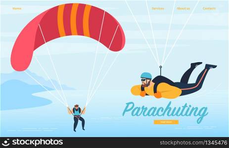Parachuting, Skydiving Sports Activity. Sportsmen Floating in Sky with Parachutes on Seascape and Mountains View Background. Hobby, Leisure, Extreme Sport, Cartoon Flat Vector Illustration, Banner. Parachuting, Skydiving Sports Activity Sportsmen