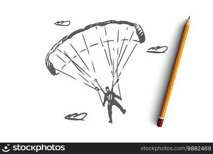 Parachutist, extreme, skydiving, sport, fly concept. Hand drawn parachutist on a sports parachute concept sketch. Isolated vector illustration.. Parachutist, extreme, skydiving, sport, fly concept. Hand drawn isolated vector.