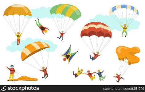 Parachutists vector illustrations set. People on hardhats and masks flying with parachutes and paragliders. For skydiving, danger hobby, adrenaline, sport concept