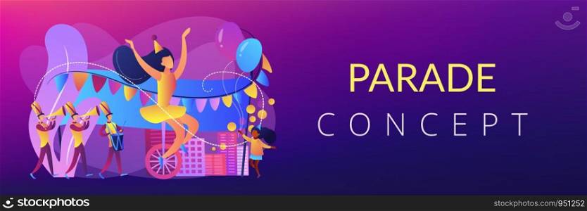 Parade of tiny people, clown, marching music band at national holiday or carnival. Parade, massive celebration, march procession of people concept. Header or footer banner template with copy space.. Parade concept banner header.