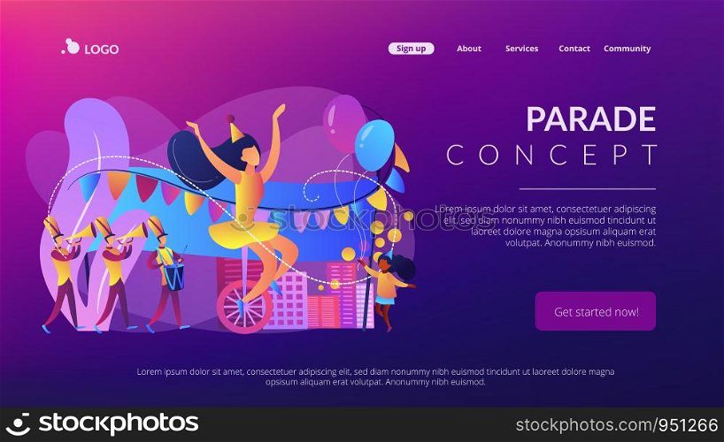 Parade of tiny people, clown, marching music band at national holiday or carnival. Parade, massive celebration, march procession of people concept. Website vibrant violet landing web page template.. Parade concept landing page.
