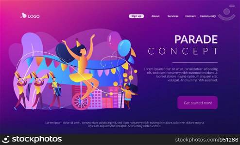 Parade of tiny people, clown, marching music band at national holiday or carnival. Parade, massive celebration, march procession of people concept. Website vibrant violet landing web page template.. Parade concept landing page.