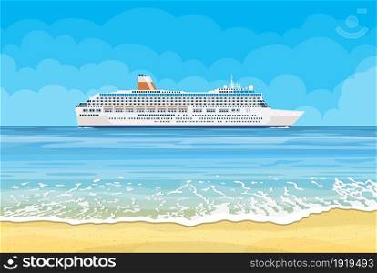 Paradise beach of the sea with cruise ship. Tropical island resort. Vector illustration in flat style. Paradise beach of the sea with cruise ship
