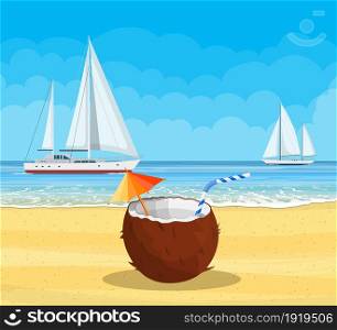 Paradise beach of the sea with yachts and Coconut with cold drink, alcohol cocktail. Tropical island resort. Vector illustration in flat style. Paradise beach of the sea with yachts