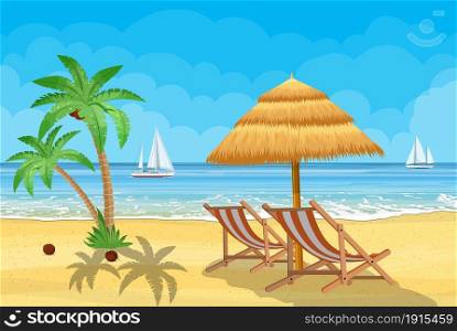 Paradise beach of the sea with yachts and palm trees. Tropical island resort. Vector illustration in flat style. Paradise beach of the sea with yachts