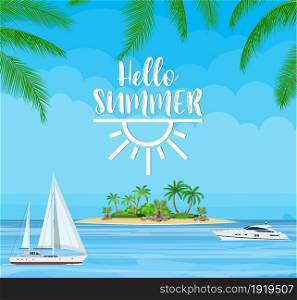Paradise beach of the sea with yachts and palm trees. Tropical island resort. Vector illustration in flat style. Paradise beach of the sea with yachts