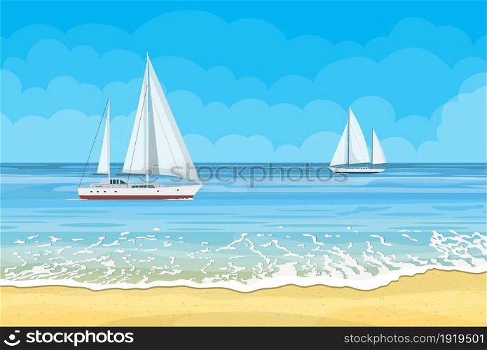 Paradise beach of the sea with yachts. Tropical island resort. Vector illustration in flat style. Paradise beach of the sea with yachts