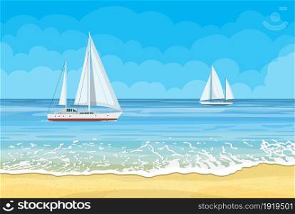 Paradise beach of the sea with yachts. Tropical island resort. Vector illustration in flat style. Paradise beach of the sea with yachts