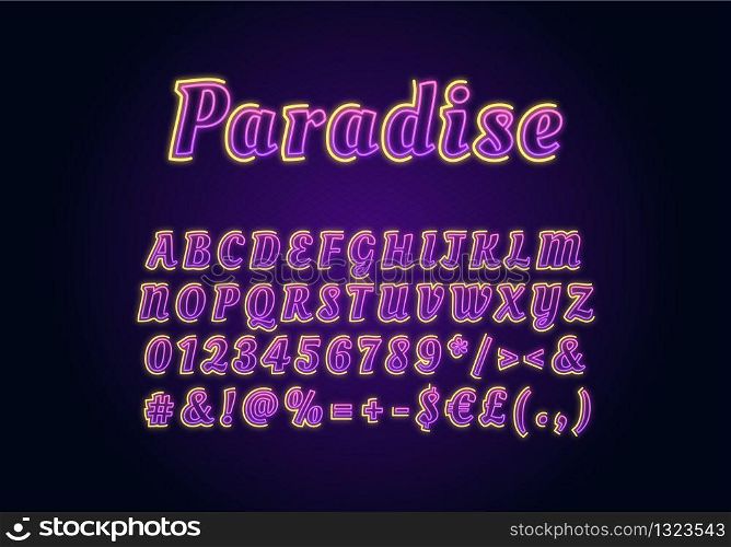 Paradise neon light font template. Purple and yellow illuminated vector alphabet set. Bright capital letters, numbers and symbols with outer glowing effect. Nightlife typography. Night typeface design