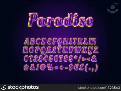 Paradise neon light font template. Purple and yellow illuminated vector alphabet set. Bright capital letters, numbers and symbols with outer glowing effect. Nightlife typography. Night typeface design