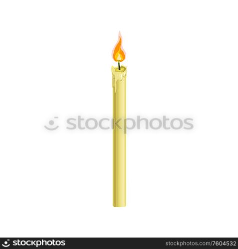 Paraffin candle with flame isolated catholic religion symbol. Vector Mexican Cinco de Mayo attribute. Burning candle with flame isolated religion symbol