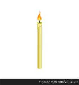 Paraffin candle with flame isolated catholic religion symbol. Vector Mexican Cinco de Mayo attribute. Burning candle with flame isolated religion symbol