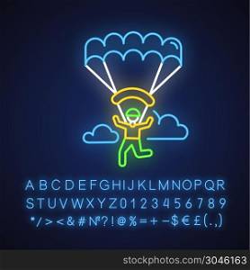 Paragliding neon light icon. Parachuting , paratrooping. Air extreme sport. Skydiving, hang gliding. Flights in sky and jumps with parachute. Glowing alphabet, numbers. Vector isolated illustration