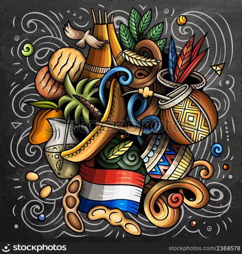 Paraguay cartoon vector doodle chalkboard illustration. Colorful detailed composition with lot of traditional symbols. Paraguay cartoon vector doodle chalkboard illustration