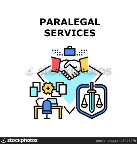 Paralegal Services Vector Icon Concept. Paralegal Services Signing Agreement Law Company And Lawyer With Client. Office Workplace For Researching Documentation, Paperwork Color Illustration. Paralegal Services Vector Concept Illustration
