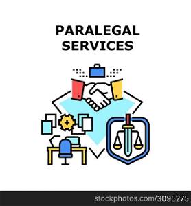 Paralegal Services Vector Icon Concept. Paralegal Services Signing Agreement Law Company And Lawyer With Client. Office Workplace For Researching Documentation, Paperwork Color Illustration. Paralegal Services Vector Concept Illustration