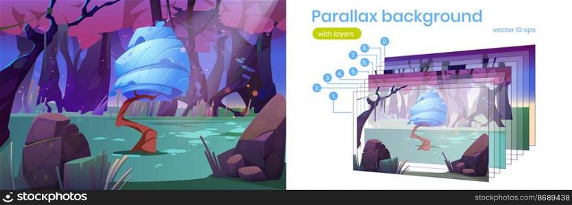 Parallax background 2d landscape with funny fantasy tree in magic forest. Alien planet unusual nature plant, cartoon scenery view with separated layers, animation for game scene, Vector illustration. Parallax background 2d landscape with fantasy tree