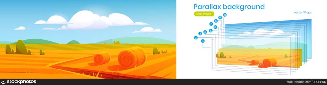 Parallax background, 2d scenery rural landscape, field with hay stacks, farm meadow under blue cloudy sky. Autumn countryside farmland nature separated layers for game animation, Vector illustration. Parallax background, 2d scenery rural landscape