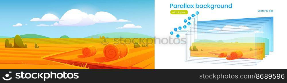 Parallax background, 2d scenery rural landscape, field with hay stacks, farm meadow under blue cloudy sky. Autumn countryside farmland nature separated layers for game animation, Vector illustration. Parallax background, 2d scenery rural landscape