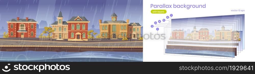 Parallax background 2d vintage city at rainy weather, retro cityscape autumn street with european colonial victorian buildings and lake promenade. Cartoon game layered scene, Vector illustration. Parallax background 2d vintage city rainy weather
