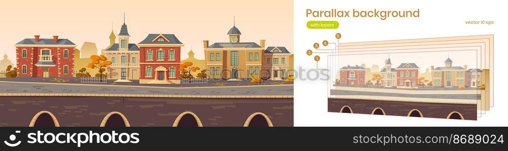 Parallax background 2d vintage city, retro autumn cityscape street with european victorian buildings along lake promenade. Cartoon game layered scene with colonial architecture, Vector illustration. Parallax background 2d vintage city, retro street