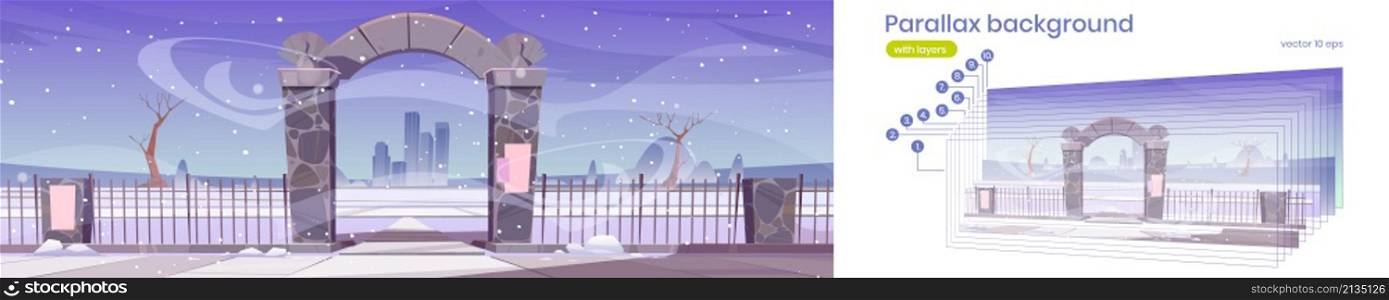 Parallax background 2d winter landscape with stone arch gate. Entrance to public park or garden, snow, bare trees and city buildings on skyline, separated layers for game animation Vector illustration. Parallax background 2d winter landscape arch gate