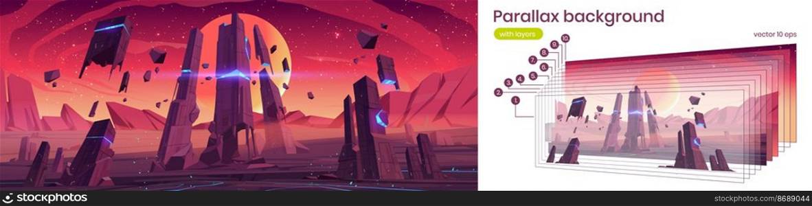 Parallax background alien planet surface futuristic 2d landscape. Cartoon fantasy game scene with glowing flying rocks and starry red sky, separated layers for ui animation, Vector slidescroll graphic. Parallax background alien planet surface landscape