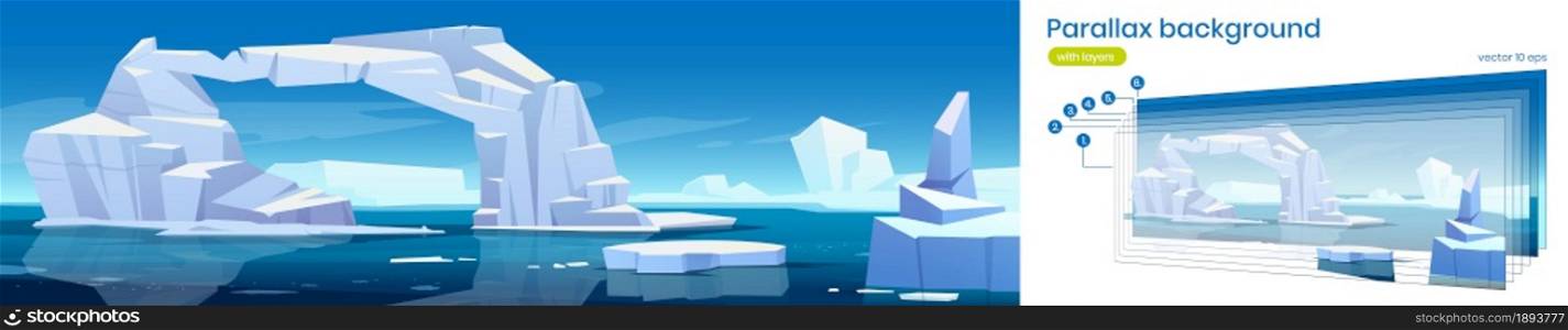 Parallax background arctic 2d landscape, iceberg and glaciers floating in sea. Polar or antarctic nature with ice in blue ocean water. Cartoon separated layers for game scene, Vector illustration. Parallax background arctic 2d landscape, iceberg