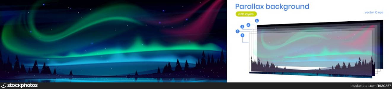 Parallax background arctic aurora borealis over night lake in starry sky, polar lights natural 2d landscape. Cartoon scenery north nature view with separated layers for game scene, Vector illustration. Parallax background arctic aurora borealis night