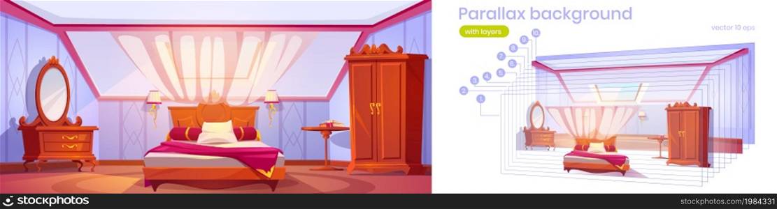 Parallax background attic bedroom or guest room 2d interior with bed, wardrobe, table, mirror and window separated layers for game animation. Cozy loft hotel apartment, mansard Vector illustration. Parallax background attic bedroom or guest room