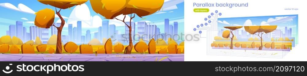Parallax background autumn city skyline, urban 2d cityscape with skyscrapers, yellow trees and tiled pathway. Fall downtown district game animation template with separated layers, Vector illustration. Parallax background autumn city skyline, cityscape