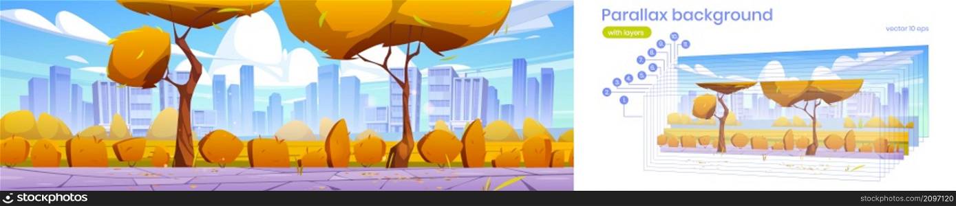 Parallax background autumn city skyline, urban 2d cityscape with skyscrapers, yellow trees and tiled pathway. Fall downtown district game animation template with separated layers, Vector illustration. Parallax background autumn city skyline, cityscape