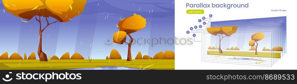 Parallax background autumn rain cartoon landscape. Storm under dull grey sky with yellow trees and puddles on field with grass and bushes 2d separated layers for game animation, Vector illustration. Parallax background autumn rain cartoon landscape