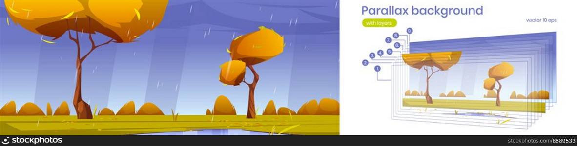 Parallax background autumn rain cartoon landscape. Storm under dull grey sky with yellow trees and puddles on field with grass and bushes 2d separated layers for game animation, Vector illustration. Parallax background autumn rain cartoon landscape