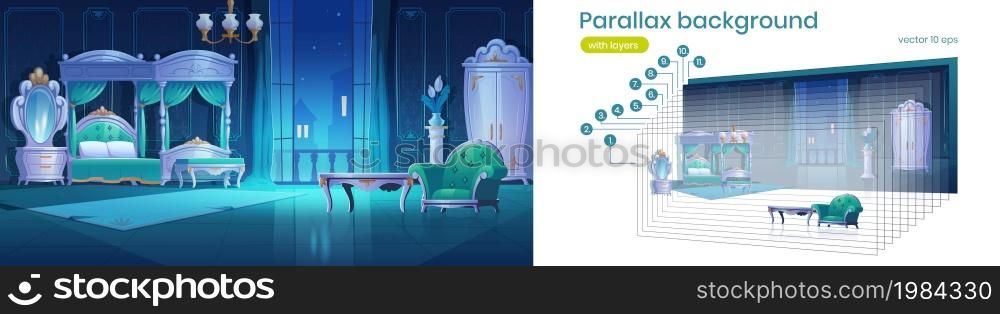 Parallax background baroque night bedroom 2d interior. Vintage room with luxury furniture bed with canopy, lamp, wardrobe, mirror, table and armchair separated layers, Cartoon vector illustration. Parallax background baroque night bedroom interior