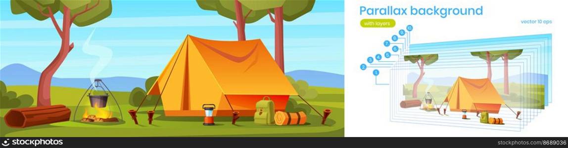 Parallax background c&ing tent with tourist stuff in forest 2d landscape. Traveler c&at nature view with green trees. Cartoon for animation with separated layers, game scene Vector template. Parallax background c&ing tent and tourist stuff