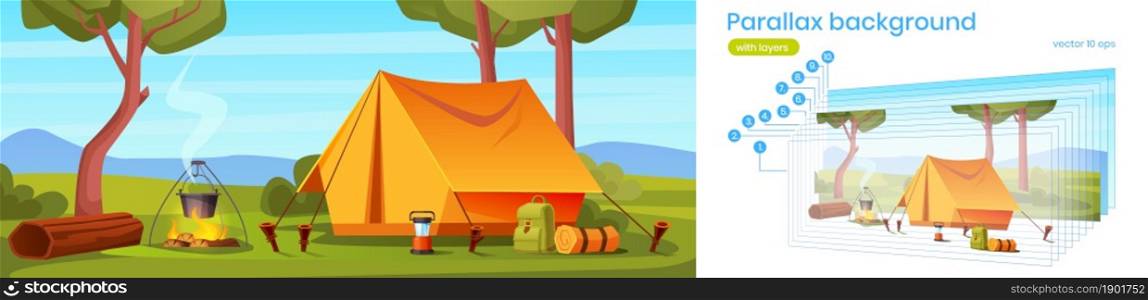 Parallax background camping tent with tourist stuff in forest 2d landscape. Traveler camp at nature view with green trees. Cartoon for animation with separated layers, game scene Vector template. Parallax background camping tent and tourist stuff