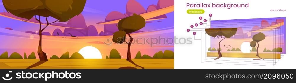 Parallax background Cartoon dusk nature landscape, green field with grass and trees under sky with sun at purple fluffy clouds separated layers template for 2d game animation, Vector illustration. Cartoon dusk nature landscape green field 2d.
