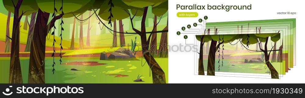 Parallax background cartoon forest nature 2d landscape, scenery wood with deciduous trees, moss and lianas, rocks, grass, bushes and sunlight separated layers for game scene view, Vector illustration. Parallax background cartoon forest 2d landscape
