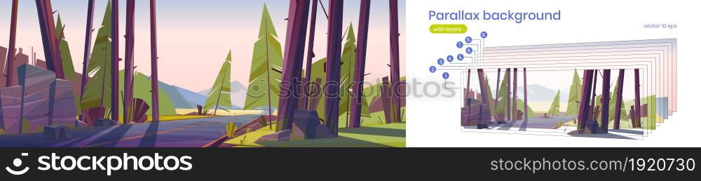 Parallax background cartoon nature 2d landscape, road going along conifers trees. Beautiful nature scenery view with highway in mountain forest with separated layers for game scene Vector illustration. Parallax background cartoon nature 2d landscape
