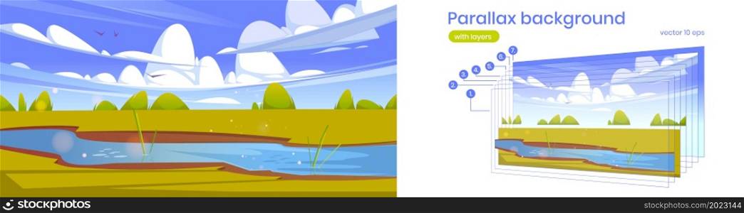 Parallax background, cartoon scenery 2d landscape with lush green fields of meadows and river or creek flowing across the vast lands, separated graphic layers for game animation, Vector illustration. Parallax background, cartoon scenery 2d landscape