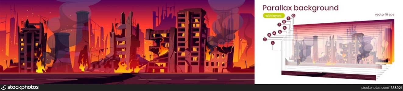 Parallax background city in fire, war destroy, abandoned burning broken buildings with smoke and flame. 2d cartoon cityscape game scene separated on layers, apocalypse ui animation Vector illustration. Parallax background city in fire, war destroy